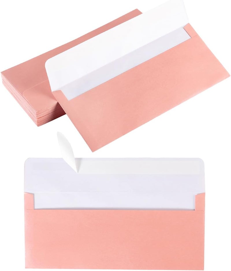 Wishop 50 Pack Shiny #10 Business Envelopes Self Seal Standard Envelopes with Gold Stickers for Office Checks, Business Cards, Letter Mailing Invoices, 4.13 x 9.49 Inches (Pink) - Image 1
